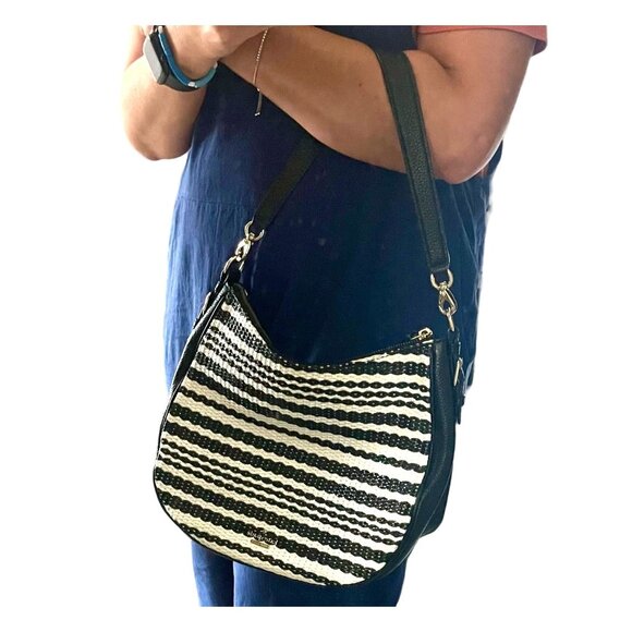 Kate Spade New York Cobble Hill Straw Mylie Shoulder Bag Black Cement Leather - Picture 4 of 11